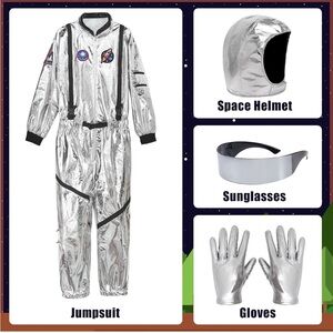 Silver Space Jumpsuit with Helmet and Gloves and boots